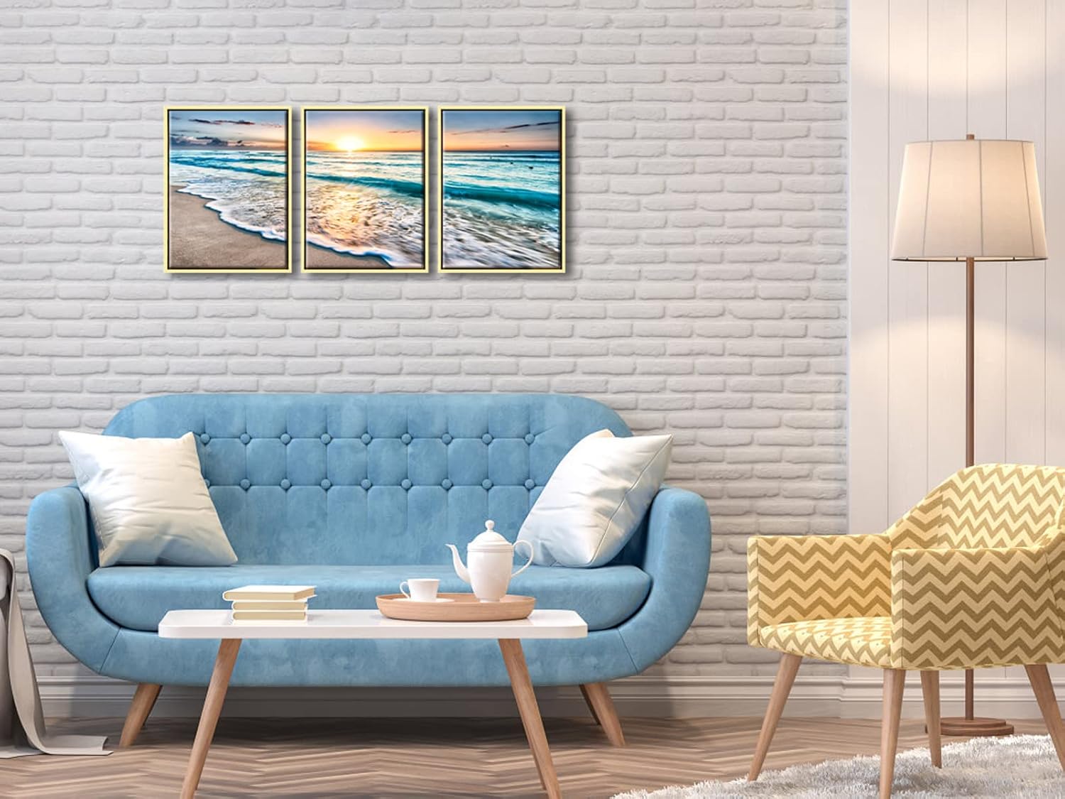 Wieco Art 3 Panel Blue Beach Canvas Wall Art for Home Decor Sunset White Wave Beach Pictures on Canvas Sea View Canvas Prints Artwork for Wall Decor