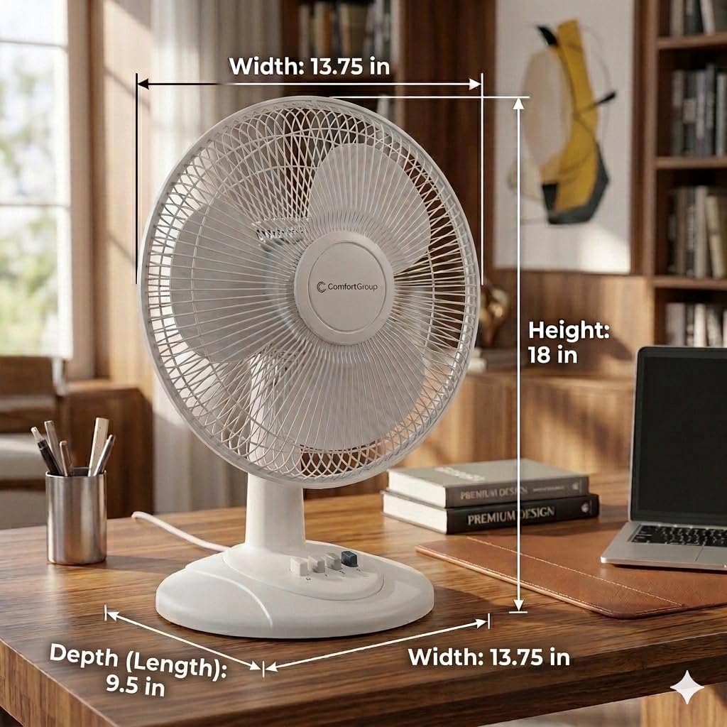 Comfort Zone 12 inch Table Fan with Adjustable Tilt, Wide Area Oscillation, Quiet Air Circulator Fan For Bedroom, 3 Speed Desktop Fan for Home Office, Push Button Controls, White