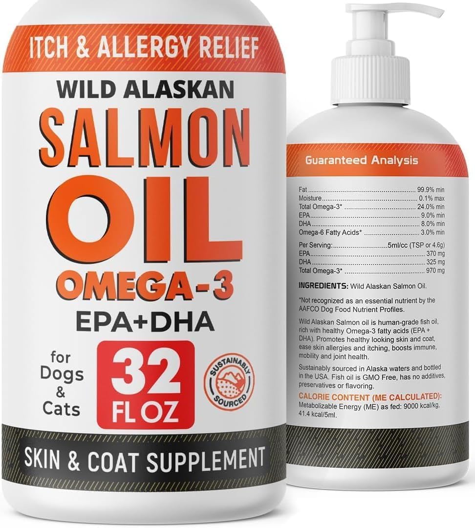 Wild Alaskan Salmon Oil for Dogs & Cats w/Omega 3 - EPA+DHA Fatty Acids