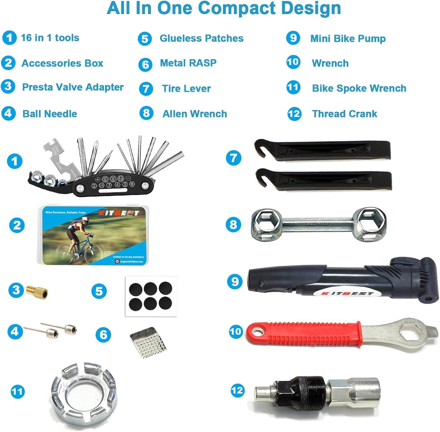 Bike Repair Bag with Tire Pump and Portable Bicycle Kit for Camping Travel | All in One Tool kit, 16 in 1 Bike Multitool, Bike Glueless Patches, Bicycle Tire Repair Kit, Fits Mountain & Road Bike