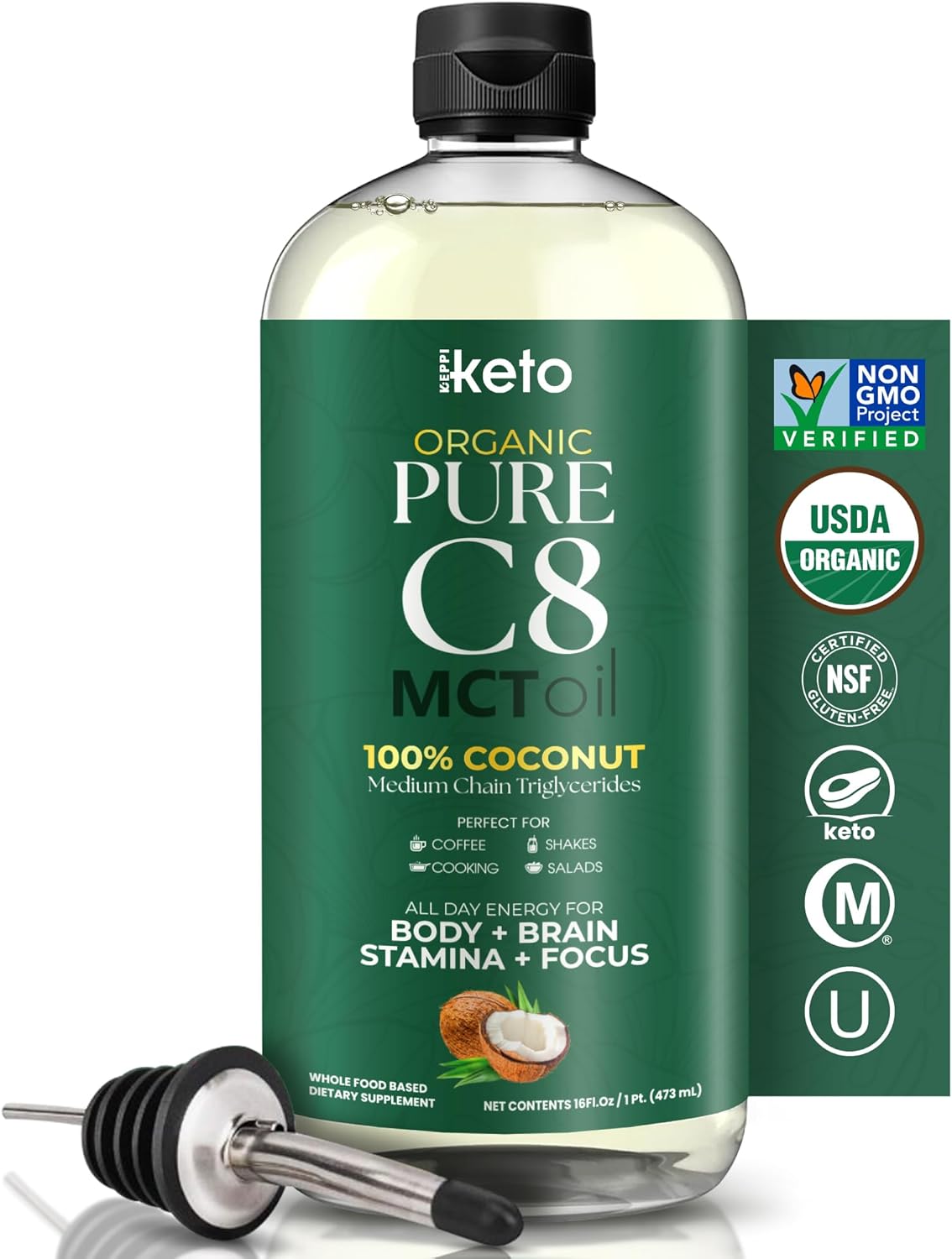 Keppi MCT Oil - From 100% Coconuts - Flavorless C8 and C10, Non-GMO, Certified Gluten-Free, Palm Oil Free, Vegan, Kosher, Halal, 32 oz Coconut Oil