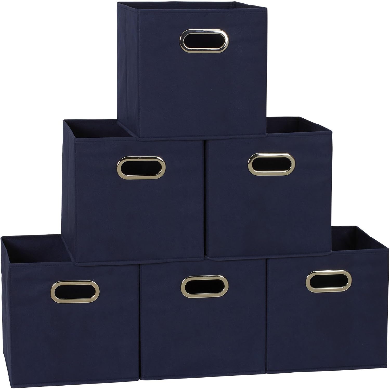 Household Essentials Fabric Storage Bins 6 Piece Set, Strong Poly-Woven Fabric, Sturdy Chipboard Sides, Grommet Front Handle, Stackable and Foldable, Classic Design, Navy
