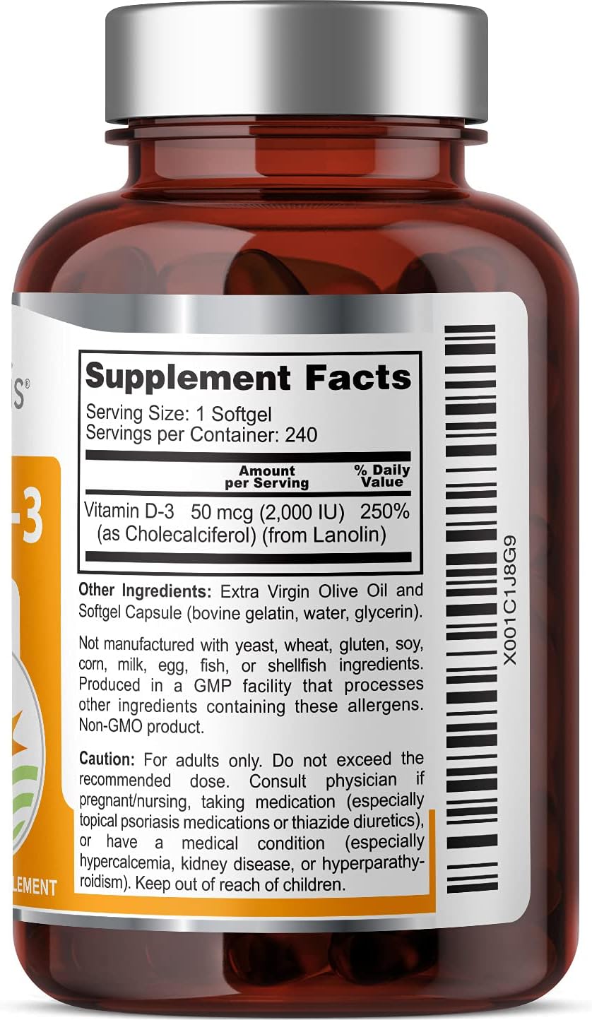 Vitamin D3 2000 IU – 240 Softgels in Extra Virgin Olive Oil – Non-GMO