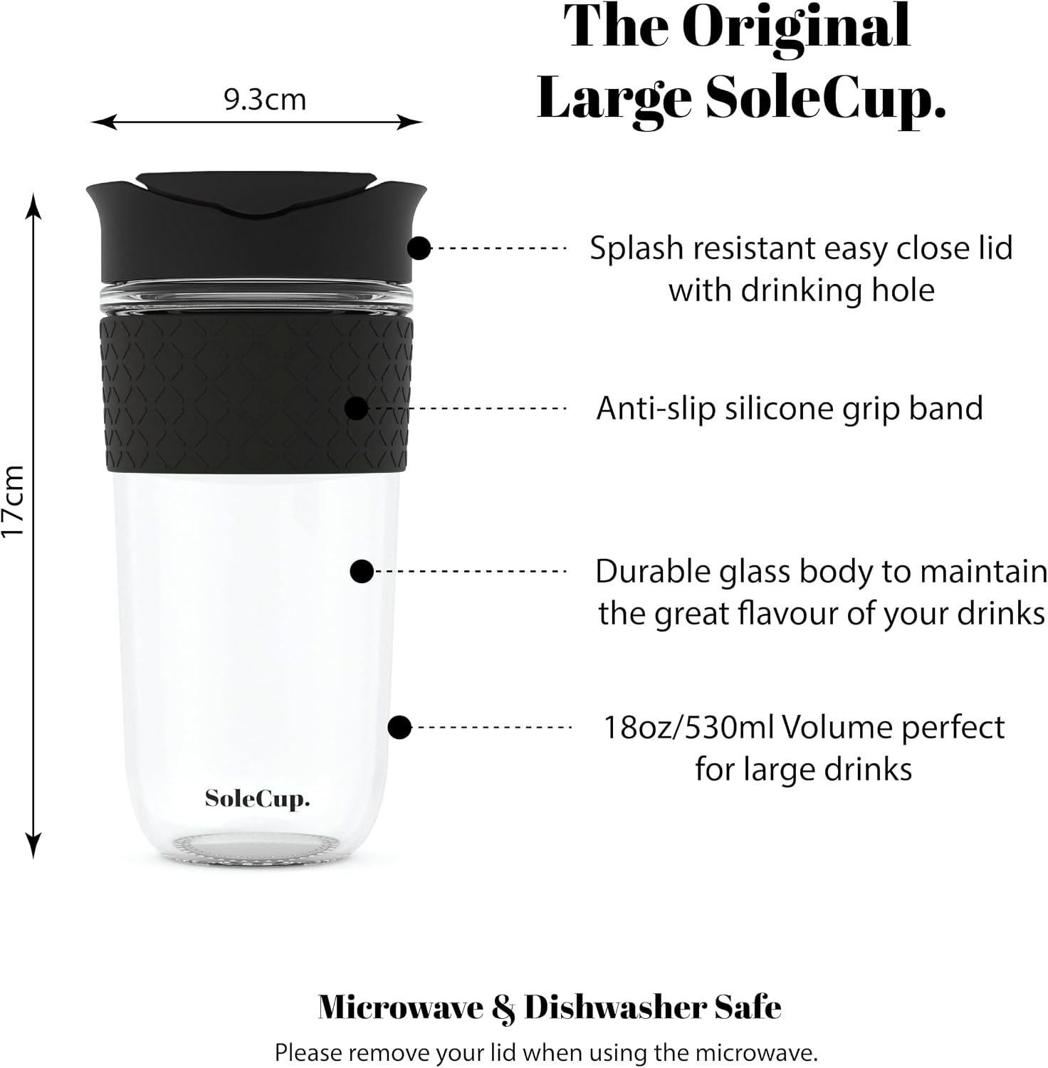 Large Travel Mug - Reusable Glass Coffee Mug - 18oz/530ml BPA-Free Hot Drink Travel Mug with Lid & Silicone Band (Black, 18oz)