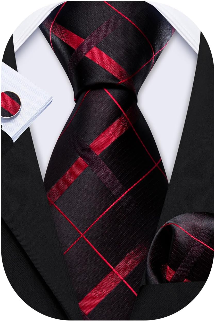 Barry.Wang Plaid Ties for Men Silk Necktie Handkerchief Cuff Links Set