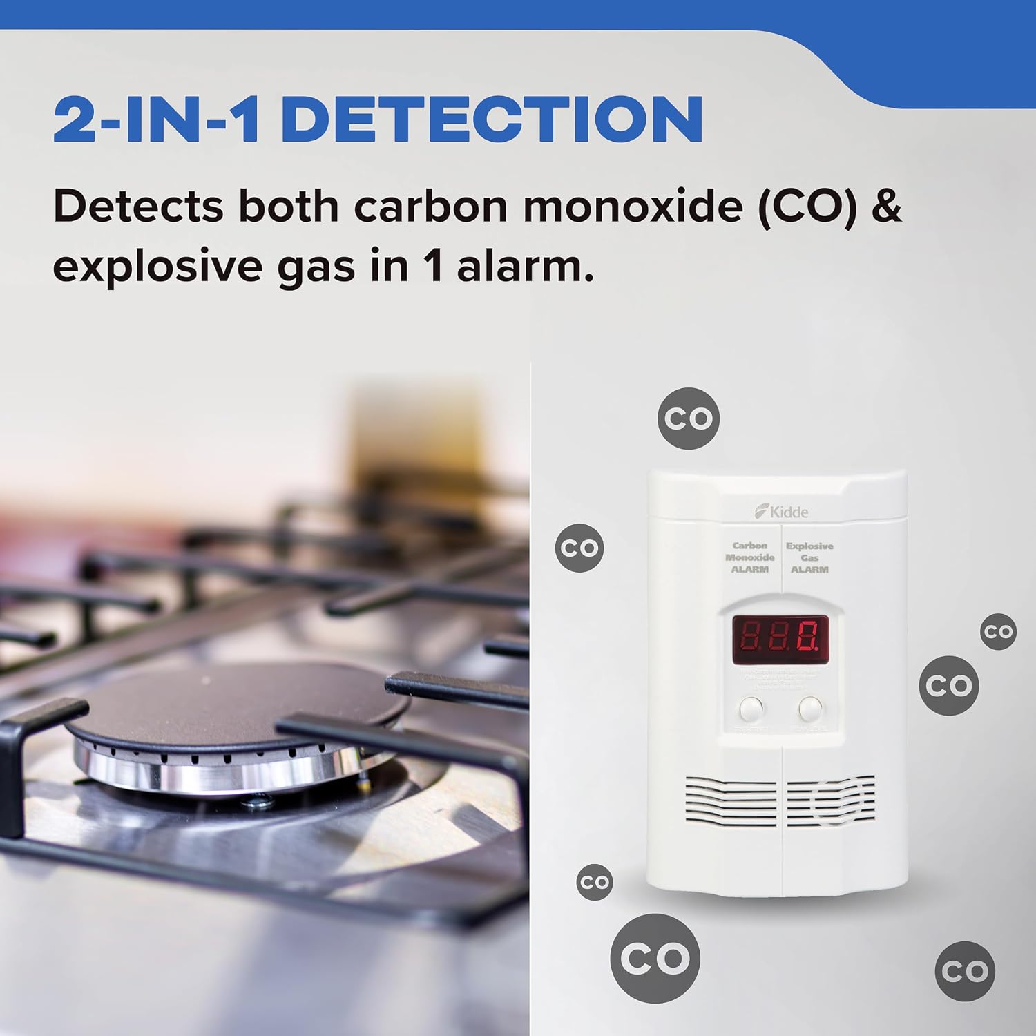 Kidde Carbon Monoxide Detector, Propane, Natural, Methane, & Explosive Gas Alarm, Plug-in Wall with 9-Volt Battery Backup, Digital LED Display