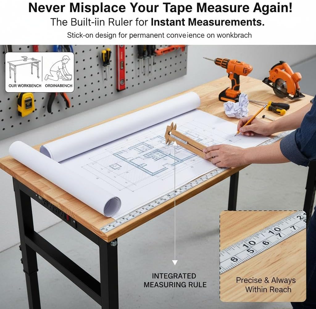 48" Adjustable Workbench, 8-Level Height Adjustable Rolling Work Table with Casters & Scale, Sit & Stand 2-in-1 Garage Tool Table with Pegboard & Hooks, for Workshop, Warehouse, DIY Projects