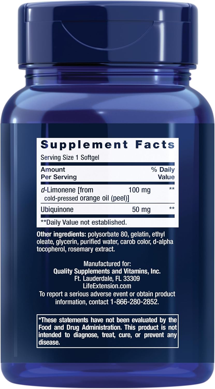 Life Extension Super-Absorbable CoQ10 (Ubiquinone) with d-Limonene, Heart Health Supplement, relieves General Fatigue, oxidative Stress Defense, 50 mg