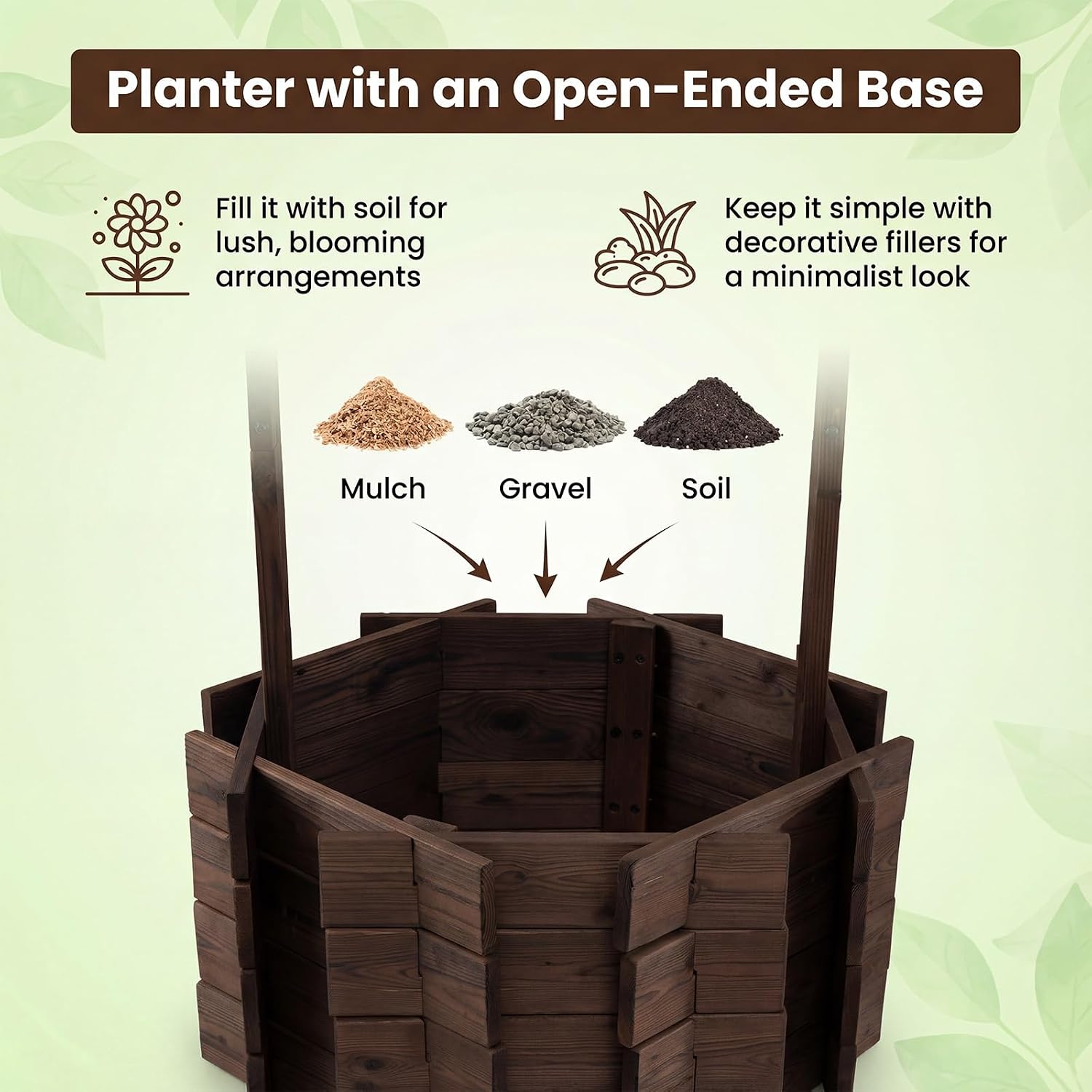 Giantex Wooden Wishing Well Planter with Hanging Bucket, Carbonized Fir Wood Outdoor Garden Planter for Flowers