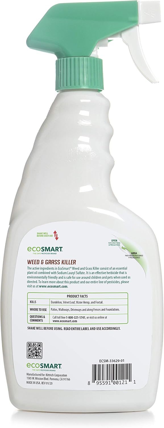 EcoSmart Natural, Glyphosate-Free Weed and Grass Killer Ready-to-Use Spray Formula for Lawns, Patios, Driveways and Pavers, 24 Ounce Bottle