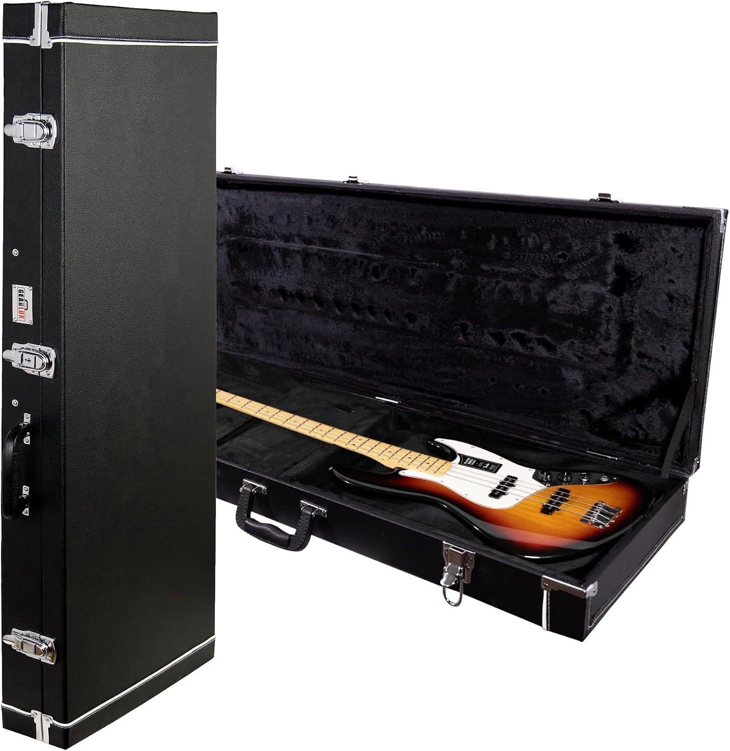 Gearlux Bass Guitar Hard Case, Fits Fender Precision/Jazz Bass and More with Exterior Lock and Key, Interior Accessory Compartment, and Plush Interior Padding - Black