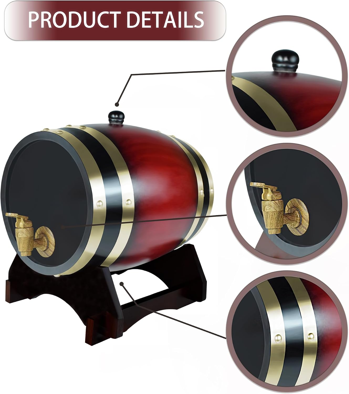 1.5L Whiskey Barrel Dispenser Oak Aging Barrels Home Whiskey Barrel Decanter for Wine, Spirits, Beer, and Liquor (Red Wine)