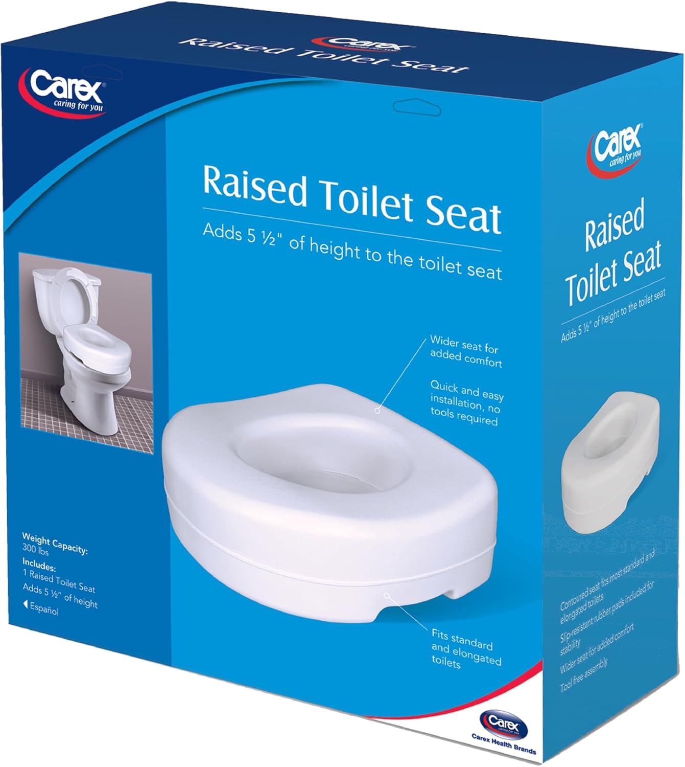 Carex Toilet Seat Riser, Adds 5 Inches of Height, Elevated and Raised Toilet Seat with 300 lbs Capacity, Standard Riser for Elderly and Handicap