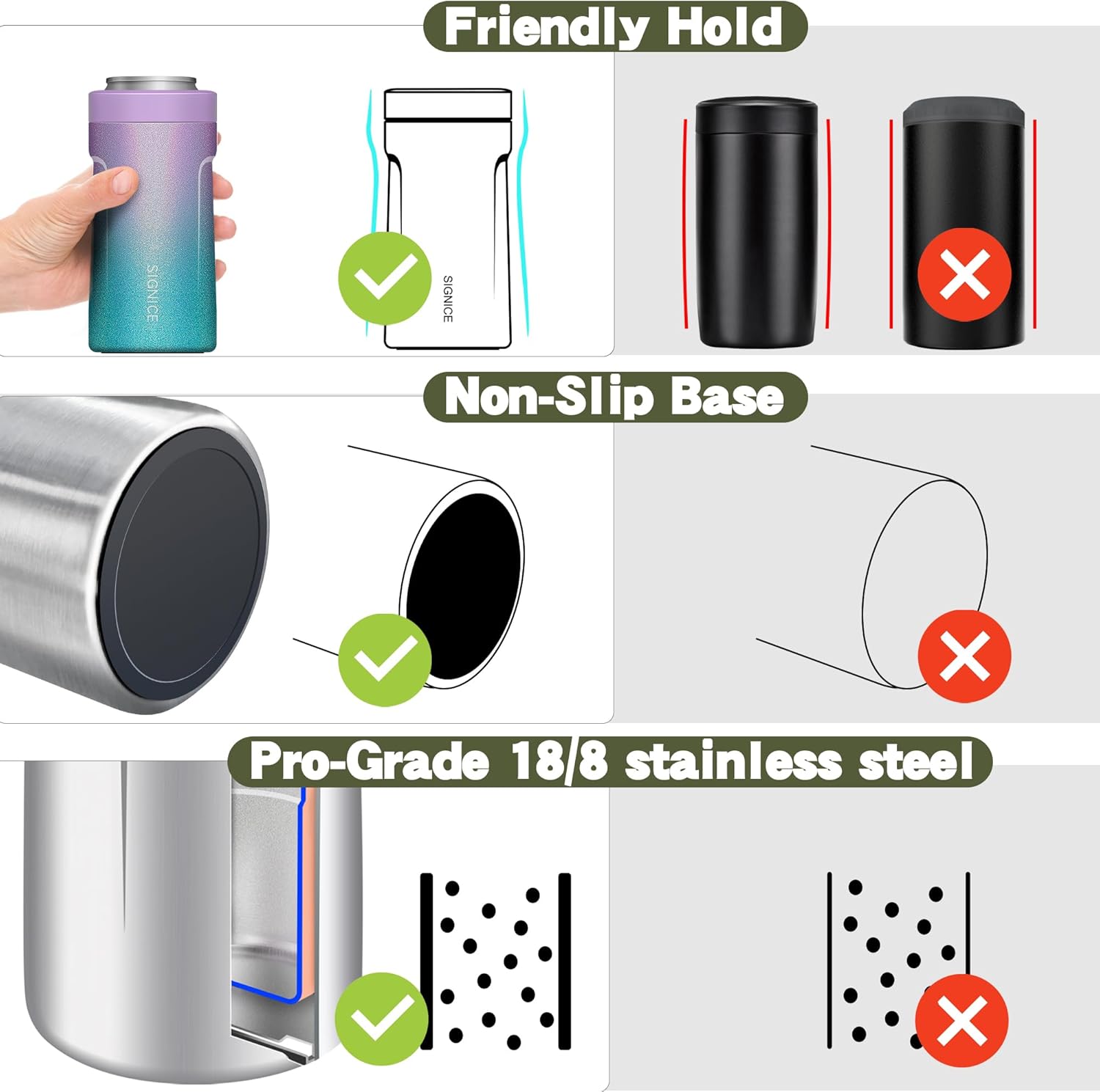 3 In 1 Insulated Universal Can Cooler - Signice Double Walled Vacuum Insulator Stainless Steel Slim Can Cooler for 12 Oz Skinny Tall Standard