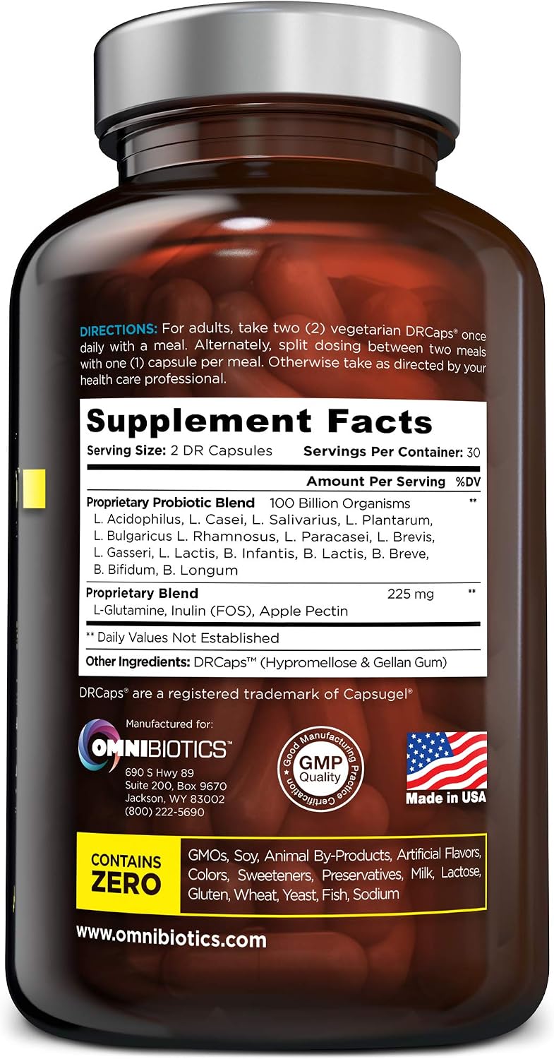 100 Billion Probiotics - 15-Strain Probiotic for Women & Men, DRCaps Delayed Release, Prebiotics, L-Glutamine, Apple Pectin, Gut Lining Support
