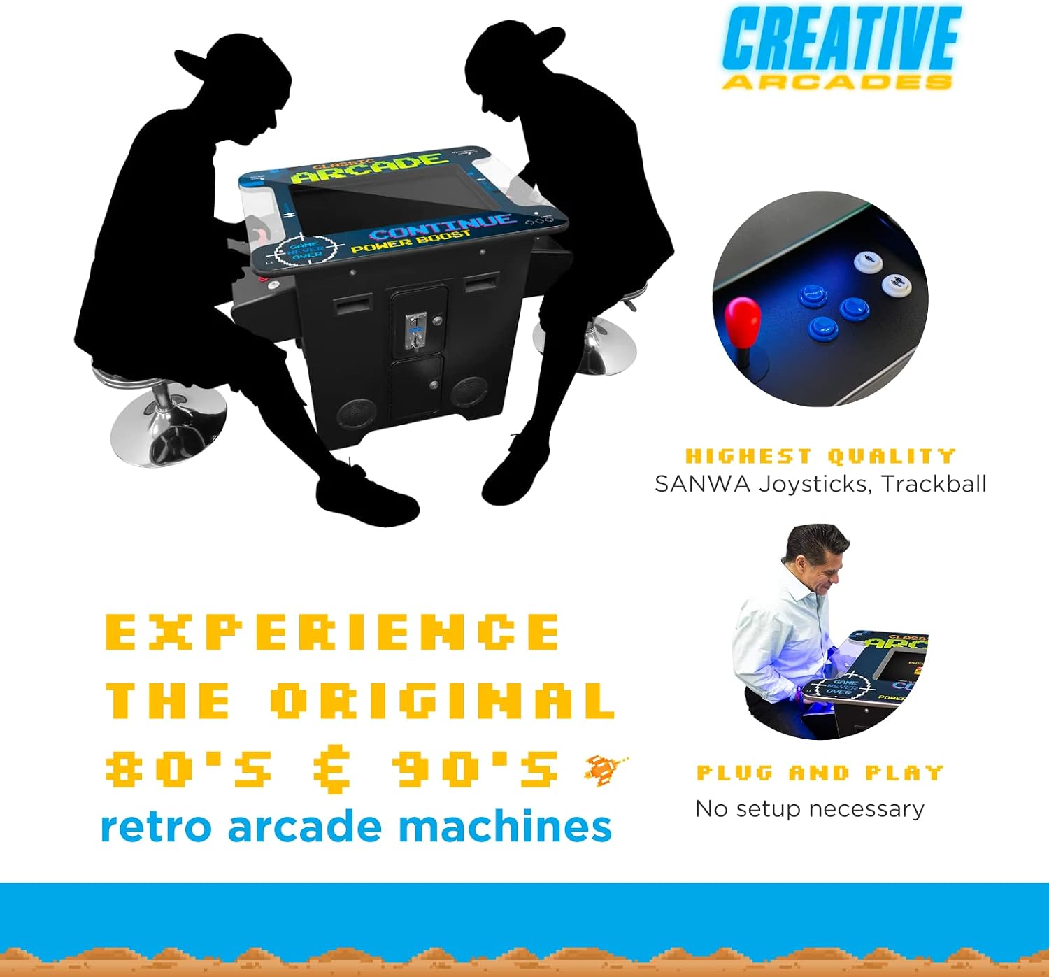 Creative Arcades Full Size Commercial Grade Cocktail Arcade Machine | 2 Player | 412 Games | 22" LCD Screen | Square Glass Top | LED | 2 Sanwa