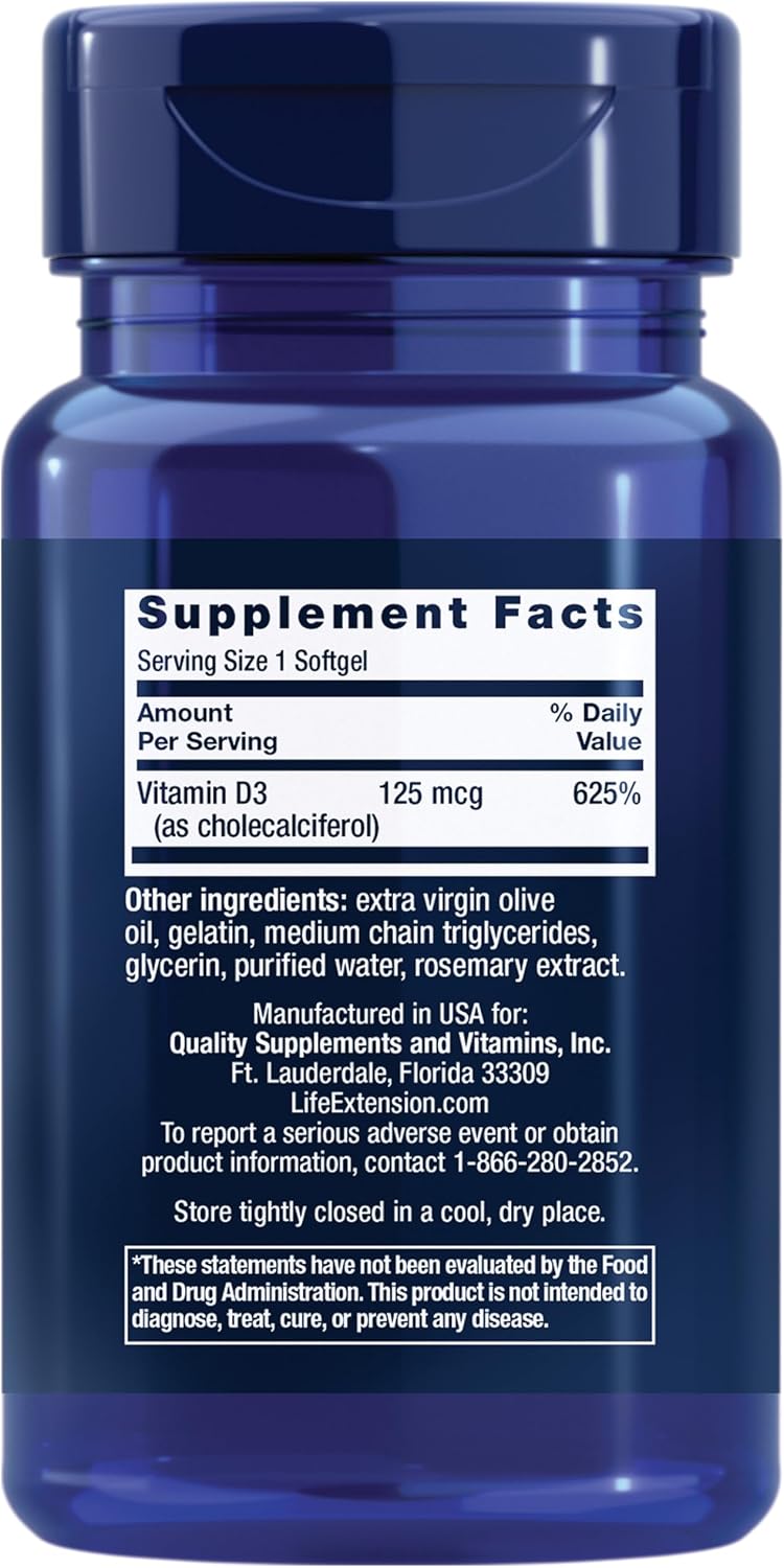 Life Extension Vitamin D3 125 mcg (5000 IU), Bone Health, Brain Performance, Immune System Support, Gluten-Free, Non-GMO, Once Daily, Two-Month Supply, 60 Softgels | Bone Health, Cognitive Health & Immune System Support, Gluten-Free & Non-GMO, Once Daily…