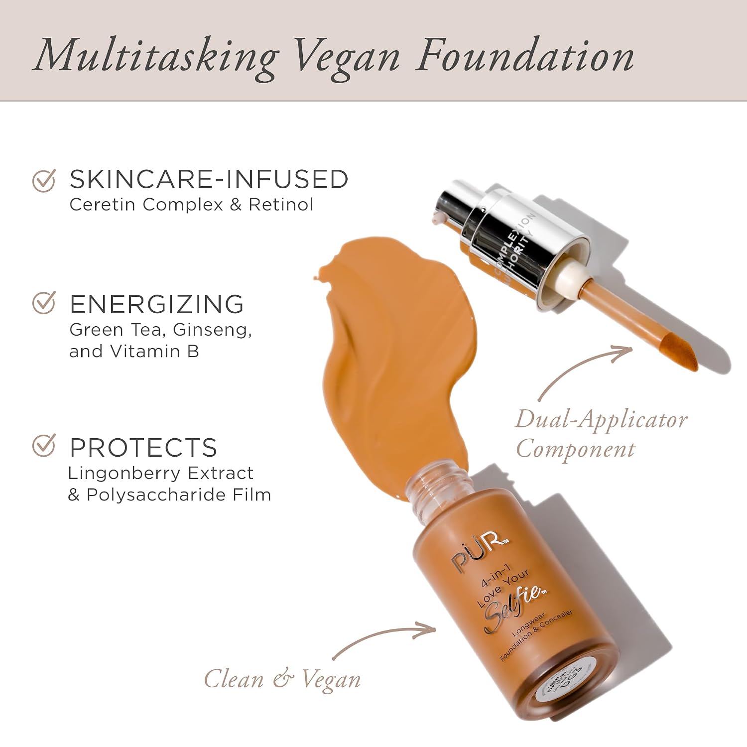 PÜR MINERALS 4-in-1 Love Your Selfie Foundation & Concealer - Longwear Medium-to-Full Coverage Liquid Makeup Foundation with Hydrating Blend for Refined-Looking, Natural Beauty Glow & Skin Texture