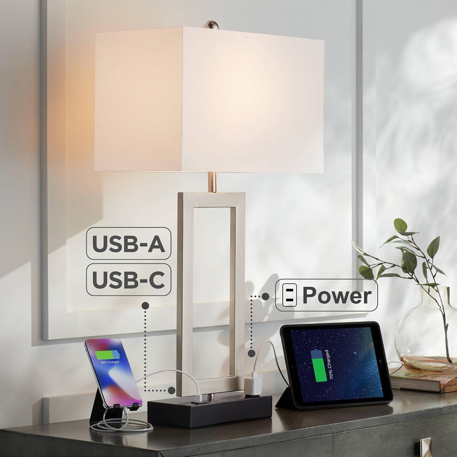 Todd 30" Large Table Lamp USB Brushed Nickel AC Power Outlet Modern | Hotel Charging Ports Living Room Bedroom House Bedside Nightstand Home Office Family Rectangle White Shade