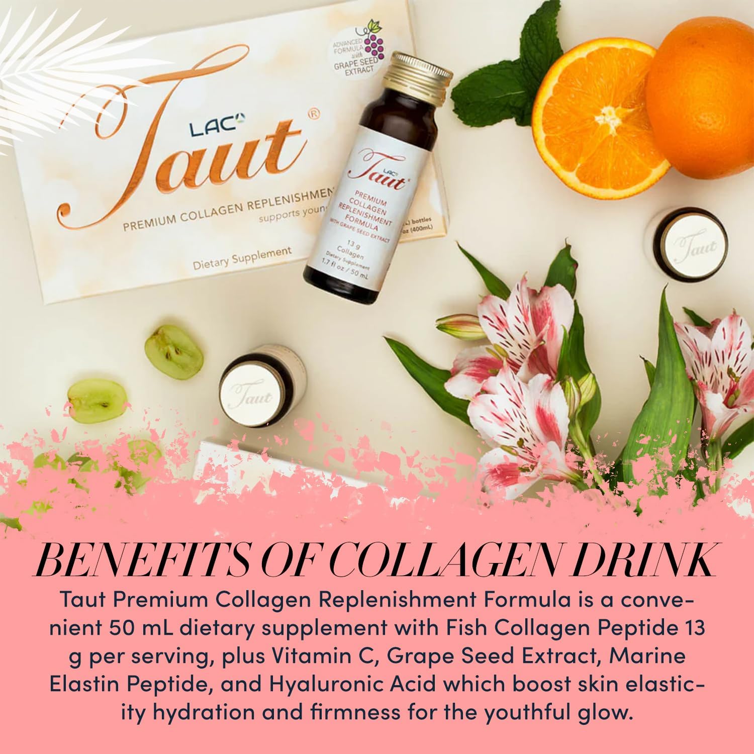 TAUT Liquid Collagen for Women – 13,000mg Marine Collagen Drink with Hyaluronic Acid, Grape Seed & Elastin – Visible Skin, Hair & Joint Support – 1 Box (8 Bottles Each)