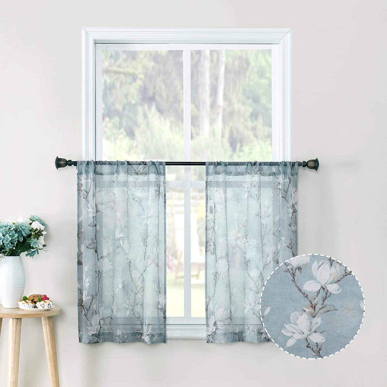 Tollpiz Floral Grey Sheer Curtain Flower Print Vine Embroidery Bedroom Curtains Rod Pocket Voile Window Curtain for Living Room, 54 x 84 inches Long