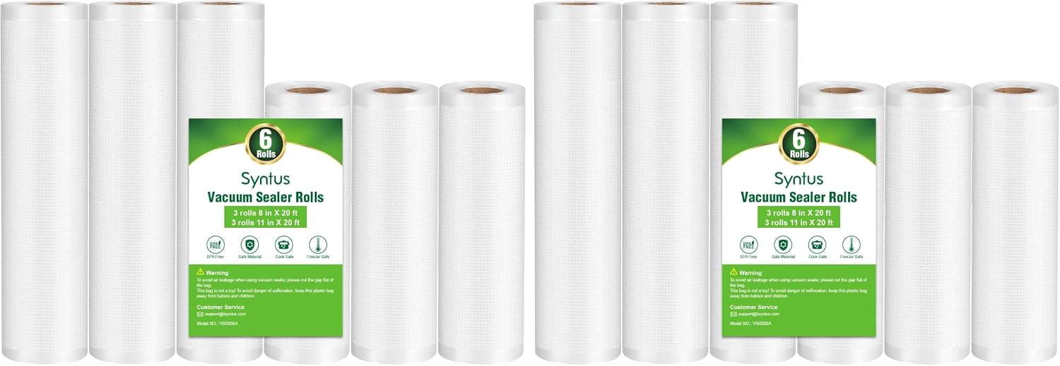 Syntus Vacuum Sealer Bags for Food, 3 Rolls 11" x 20' and 3 Rolls 8" x 20'