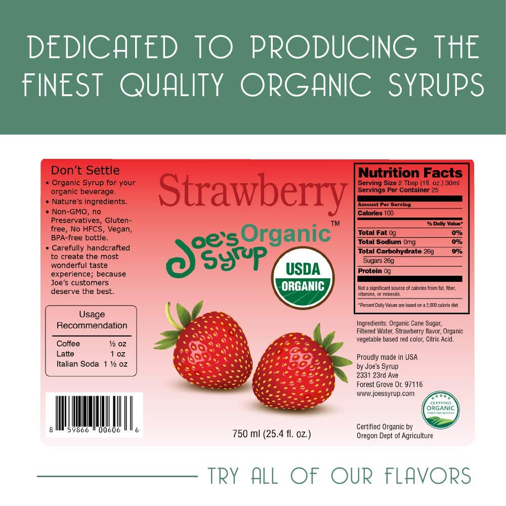 Joe’s Syrup Organic Flavored Syrup, Organic Strawberry, 750 ml | Vegan, gluten-free, Non-GMO, no HFCS; for cocktails & desserts