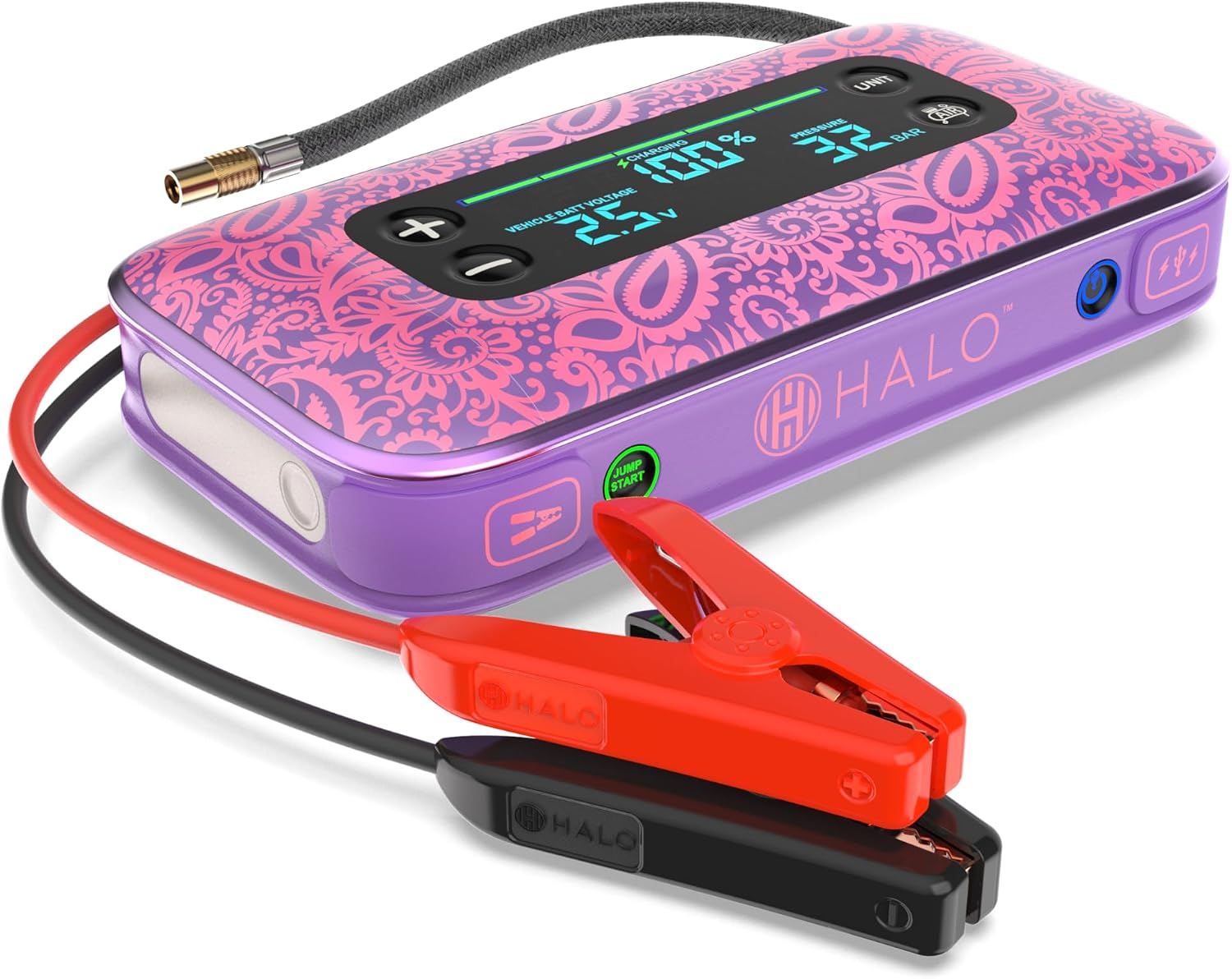 HALO BOLT AIR+ 1750A Jump Starter, AIR Compressor, Power Bank, Blue | 130 PSI air compressor, 59.9Wh power bank, large display, LED light. Jumps cars, SUVs & trucks