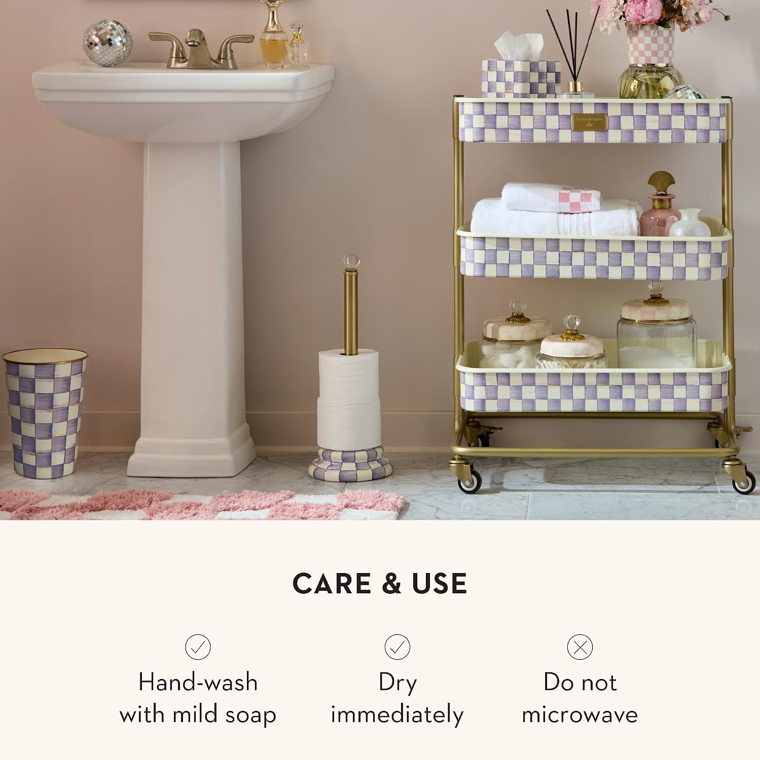 MACKENZIE-CHILDS Waste Bin, Black-and-White Courtly Check | Hand-painted design, made from enameled steel, decorative bedroom or bathroom trash can, 8" dia. x 9.5" H