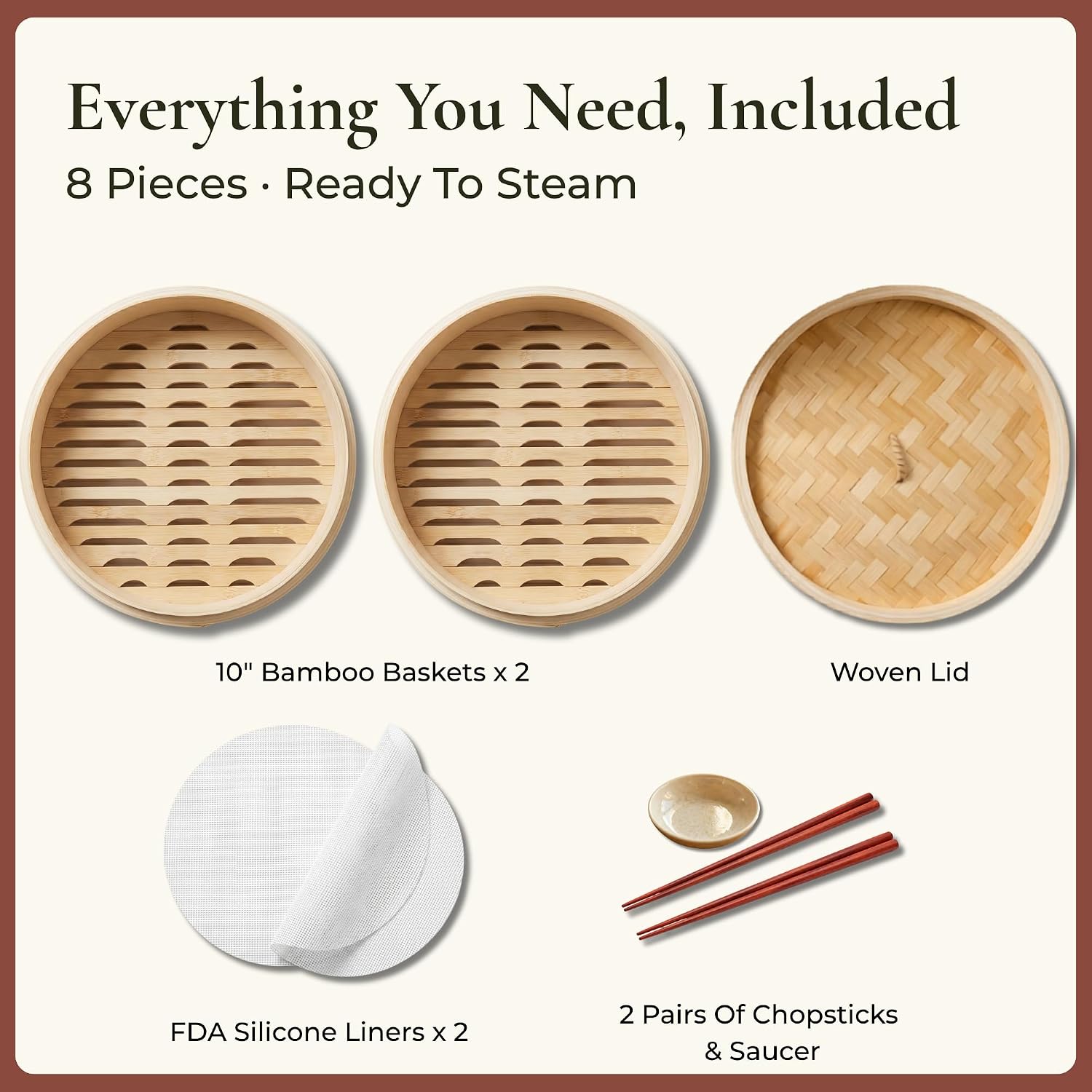 HAPPI STUDIO Bamboo Steamer Basket 10 Inch, Extra Deep Dumpling Steamer Set
