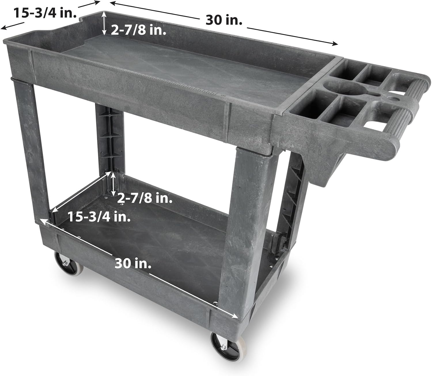 Performance Tool W54004 Two-Shelf Utility Cart with Locking Drawer | Red rolling tiered storage cart with wheels. 350 lb load capacity. Swivel casters. 28x16 inch deep shelves