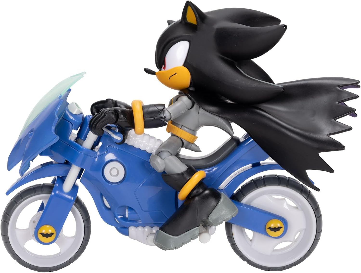 Sonic The Hedgehog DC x Sonic Shadow as Batman & Batcycle Action Figure Set, 5"/13cm, 22 Points of Articulation, Moving Wheels, Working Kickstand