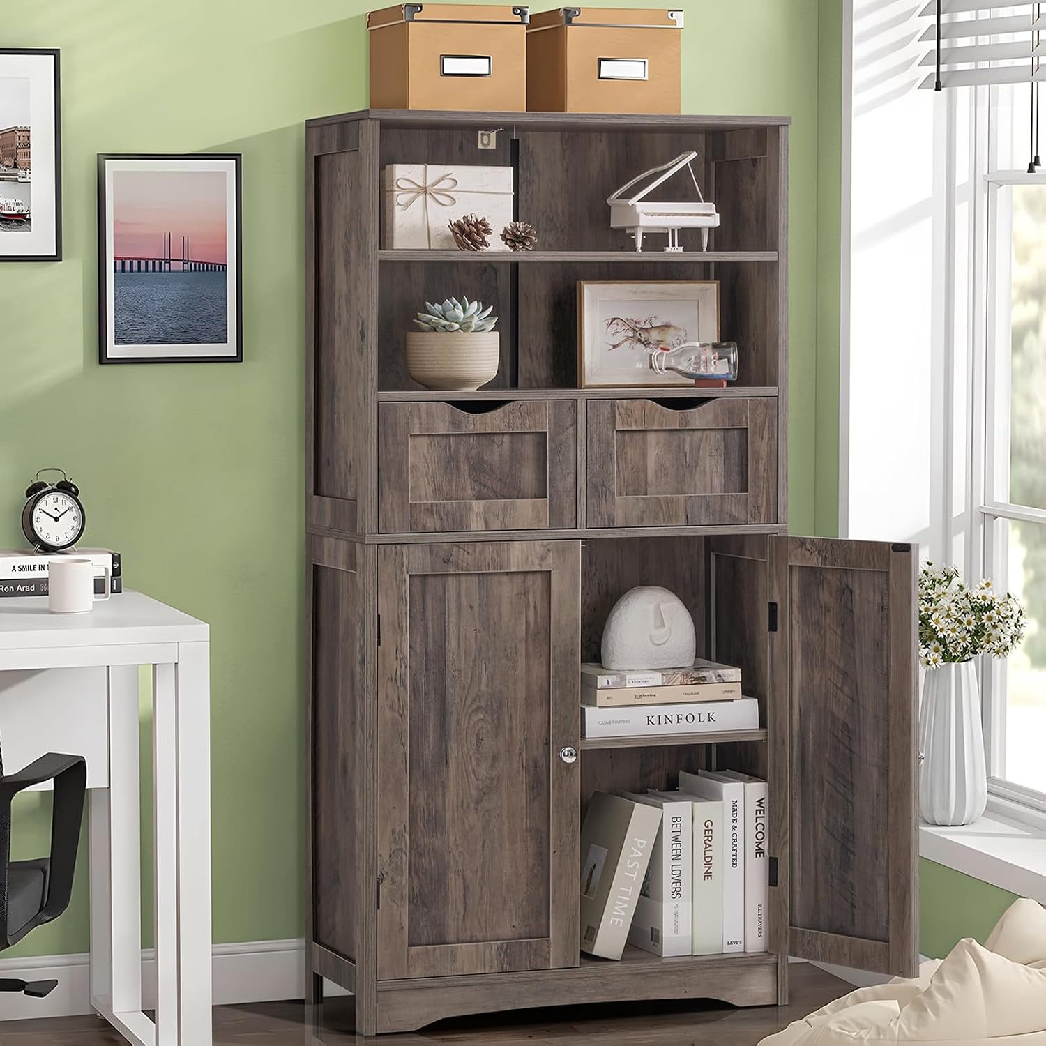 Iwell Storage Cabinet with 2 Drawers & Adjustable Shelves, Cupboard, Floor Cabinet for Living Room, Home Office, Rustic Brown