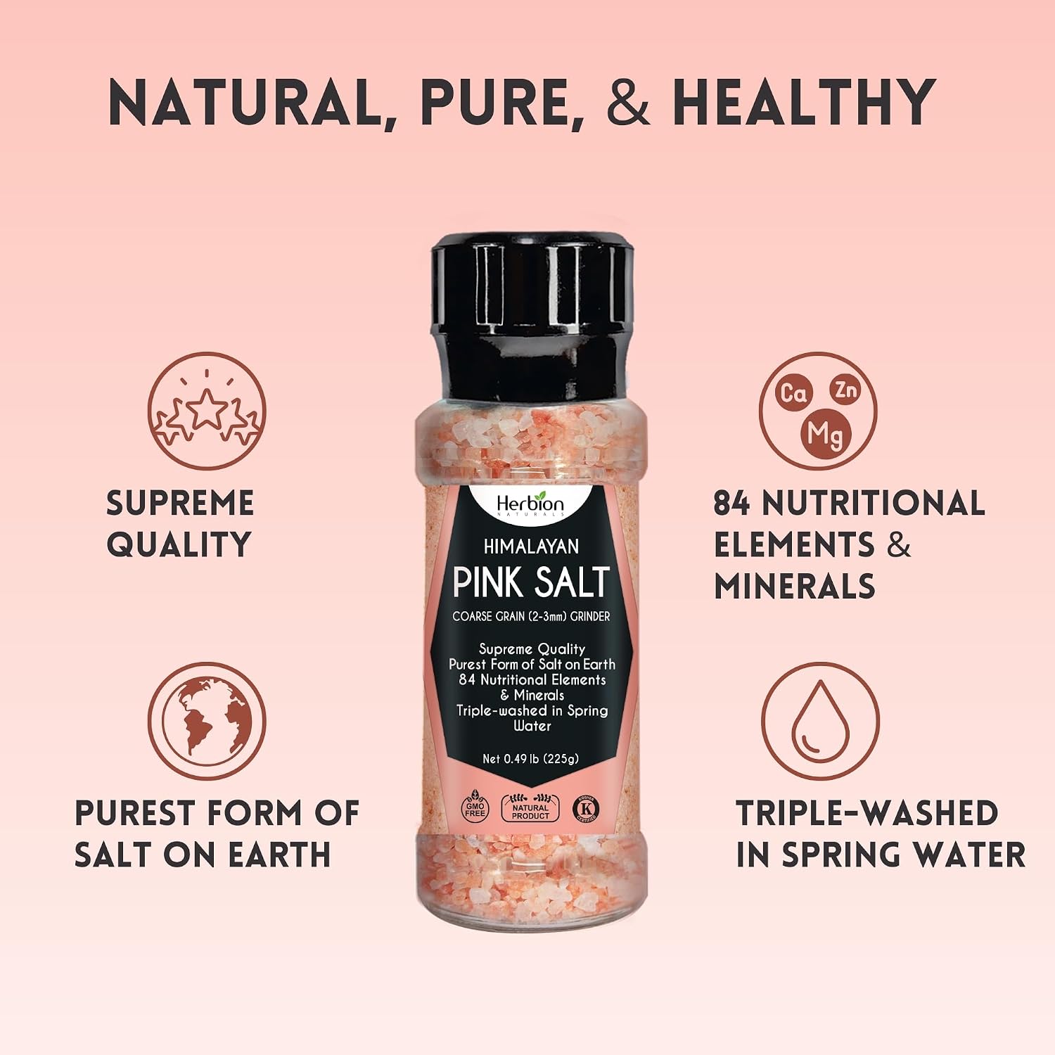 HERBION Naturals Himalayan Pink Salt Jar Fine Grain, GMO Free, Supreme Quality Chemical Free, Vegan, Kosher Certified, Fine Grain All Natural Salt