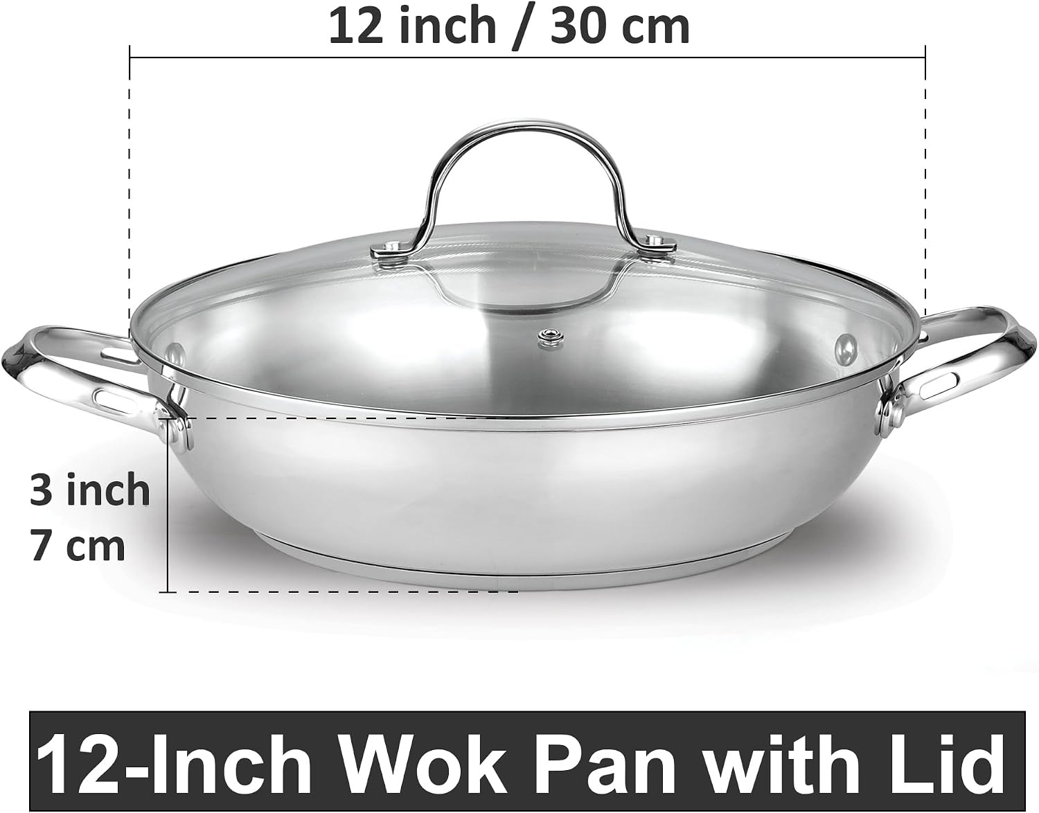Cooks Standard Classic 12-Inch Stainless Steel Wok Stir Fry Pan with Glass Lid, 30cm Everyday Chef's Pan with Two Side Handles, Induction Compatible Cookware, Dishwasher & Oven Safe