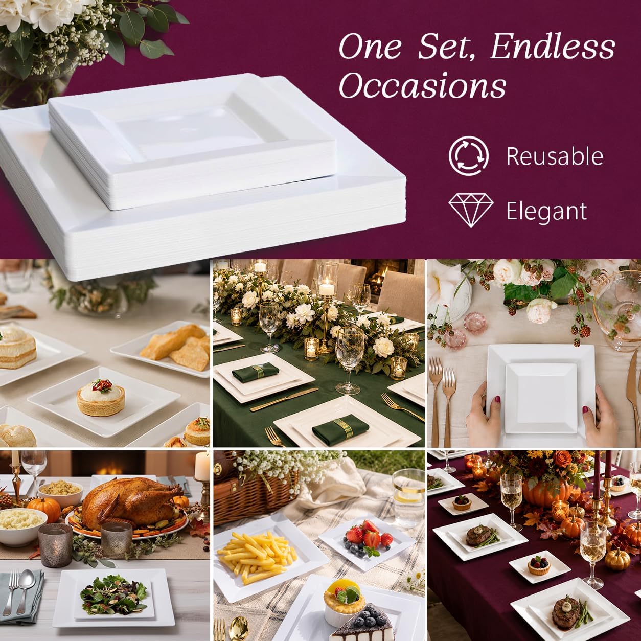 Aya's 60ct Square Plastic Disposable Plates, White - 9.5-Inch 30 Dinner and 6.5-Inch 30 Salad Plates for Party - Heavy-Duty Hard Plastic Design for Wedding, Event, Christmas, and Thanksgiving