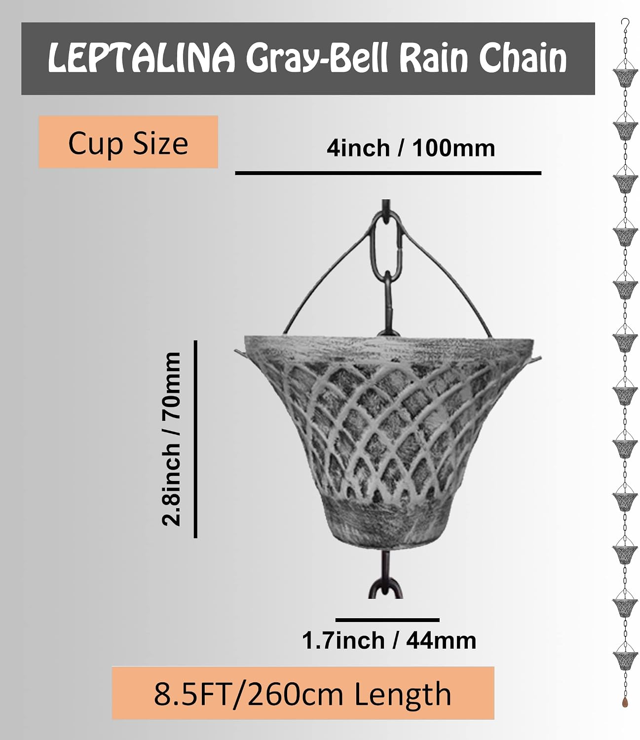 8.5FT Bell Iron Rain Chain for Gutters and Rain Barrel+Adapter, Blue