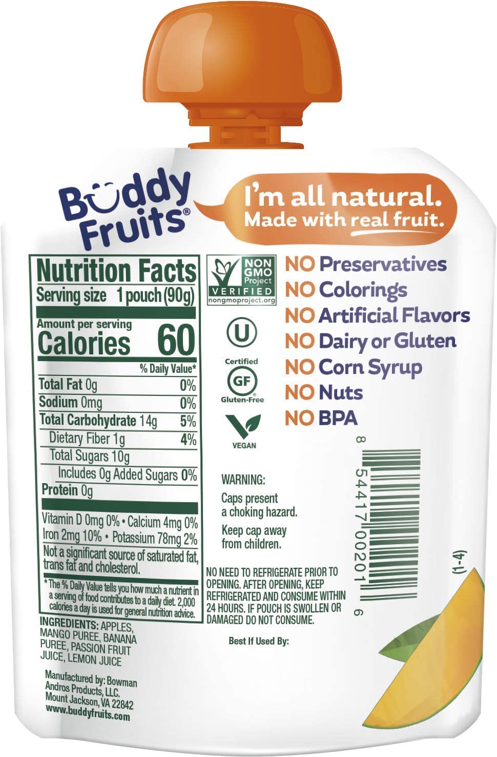Buddy Fruits Snacks To Go Multifruit Unsweetened Applesauce 3.2oz Pouch (18pk) Gluten-Nut-Dairy-Preservatives-BPA Free, Non GMO, Kosher
