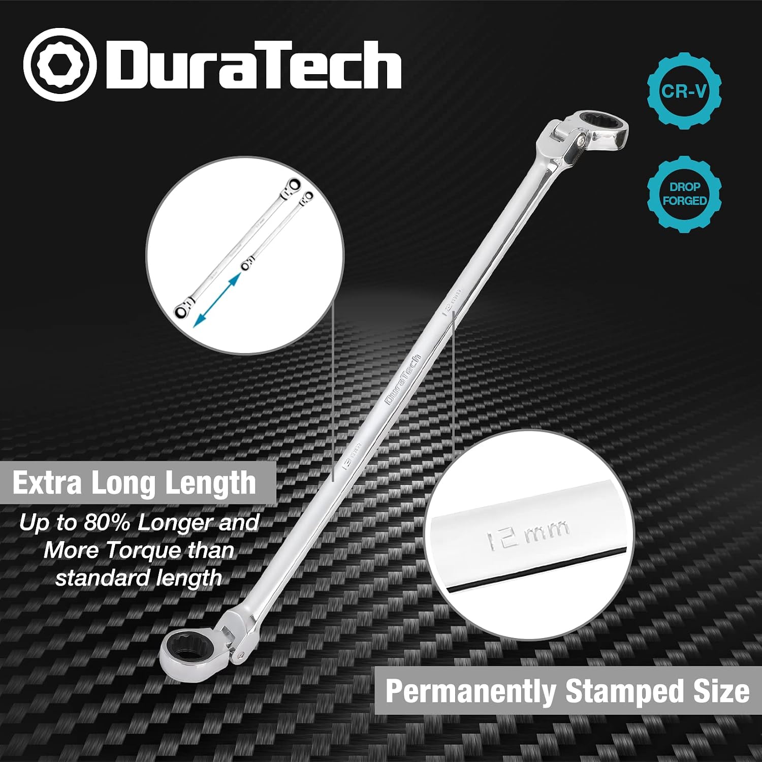DURATECH Extra Long Flex-Head Ratcheting Wrench Set, Metric, CR-V Steel