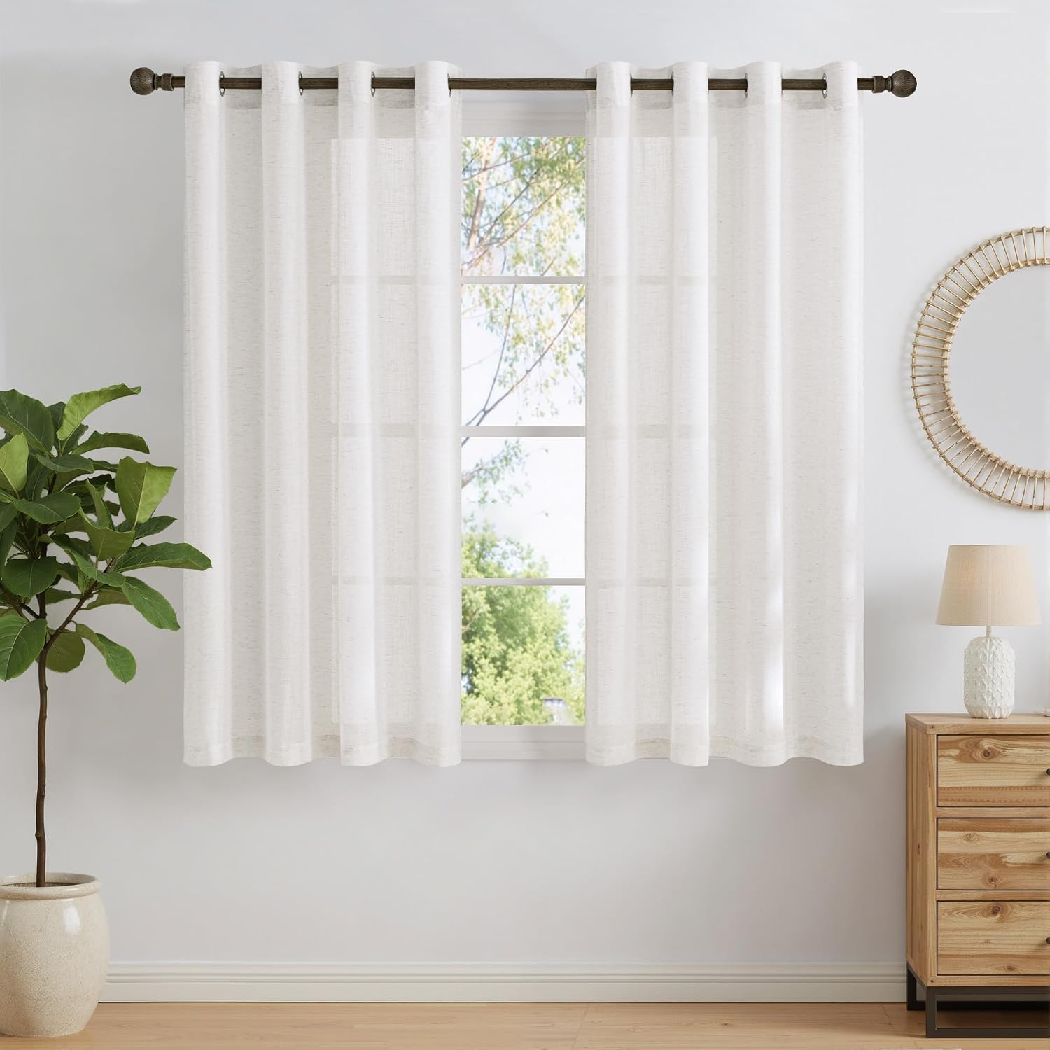 NICETOWN Linen Curtains White Semi Sheer 72 inch Long for Windows, Privacy with Light Filtering Grommet Top Window Treatments for Bedroom/Living Room