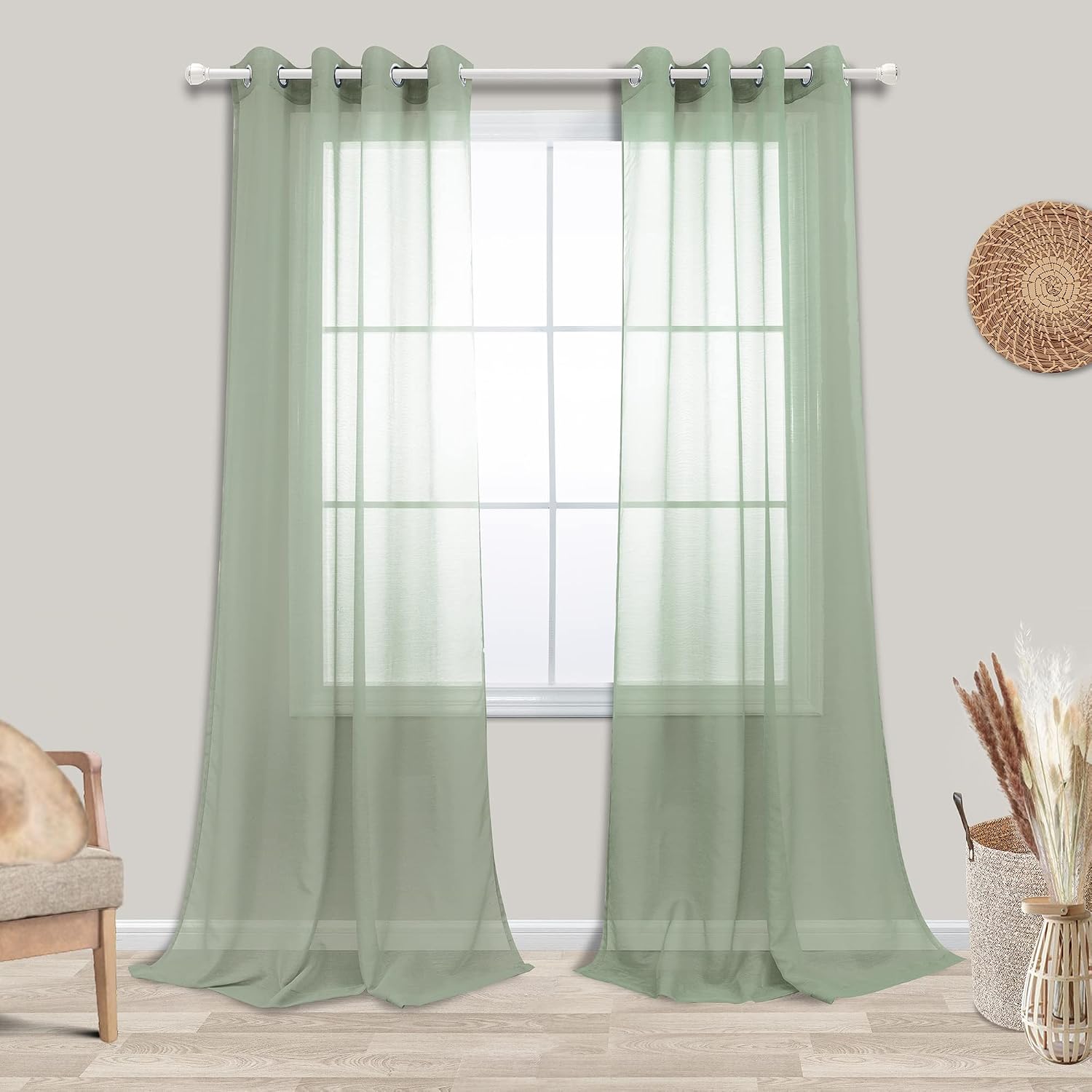 KOUFALL White Sheer Curtains 72 Inches Long for Bedroom Set of 2 Panels Grommet Faux Linen Window Voile Semi Baisc Decorative Sheer Curtains for