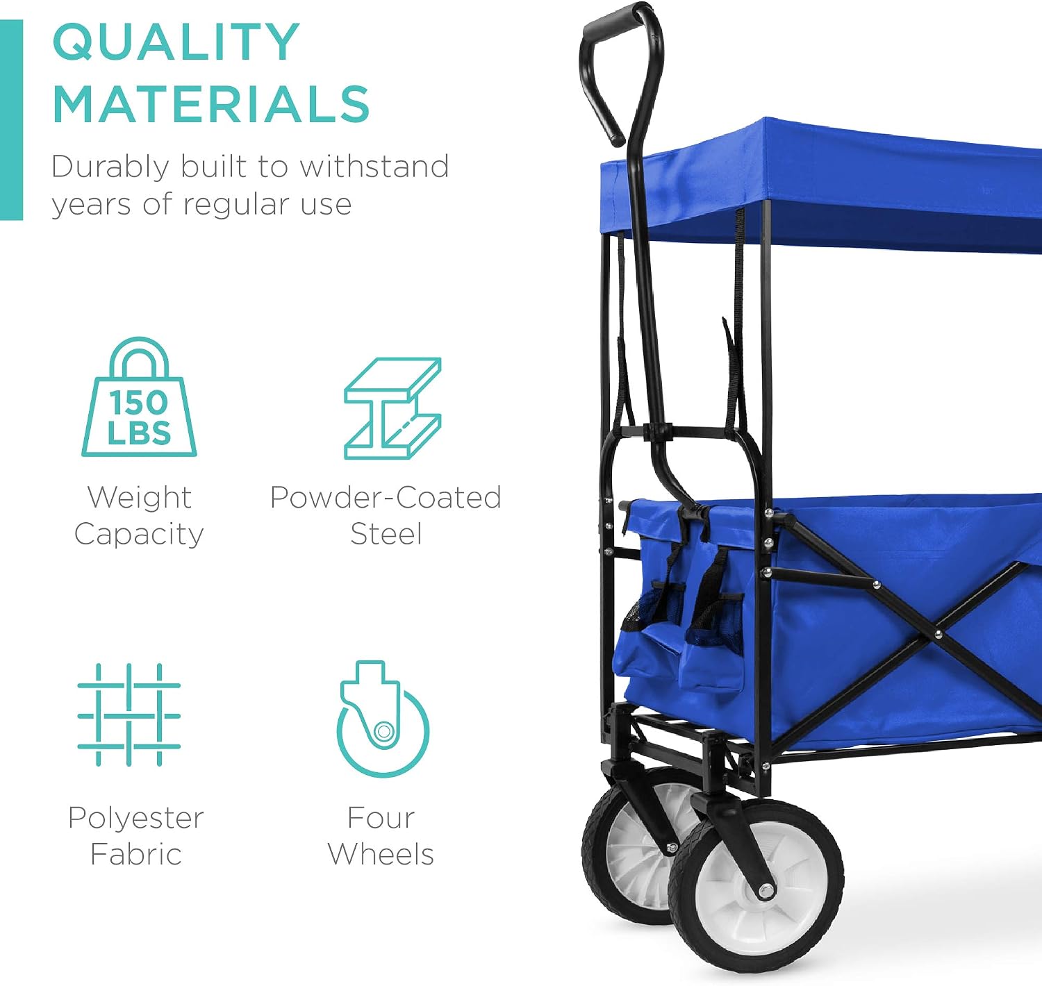 Best Choice Products Collapsible Folding Outdoor Utility Wagon with Canopy Garden Cart for Beach, Picnic, Camping, Tailgates w/Removable Canopy, Detachable Pockets, 150lb Weight Capacity - Red