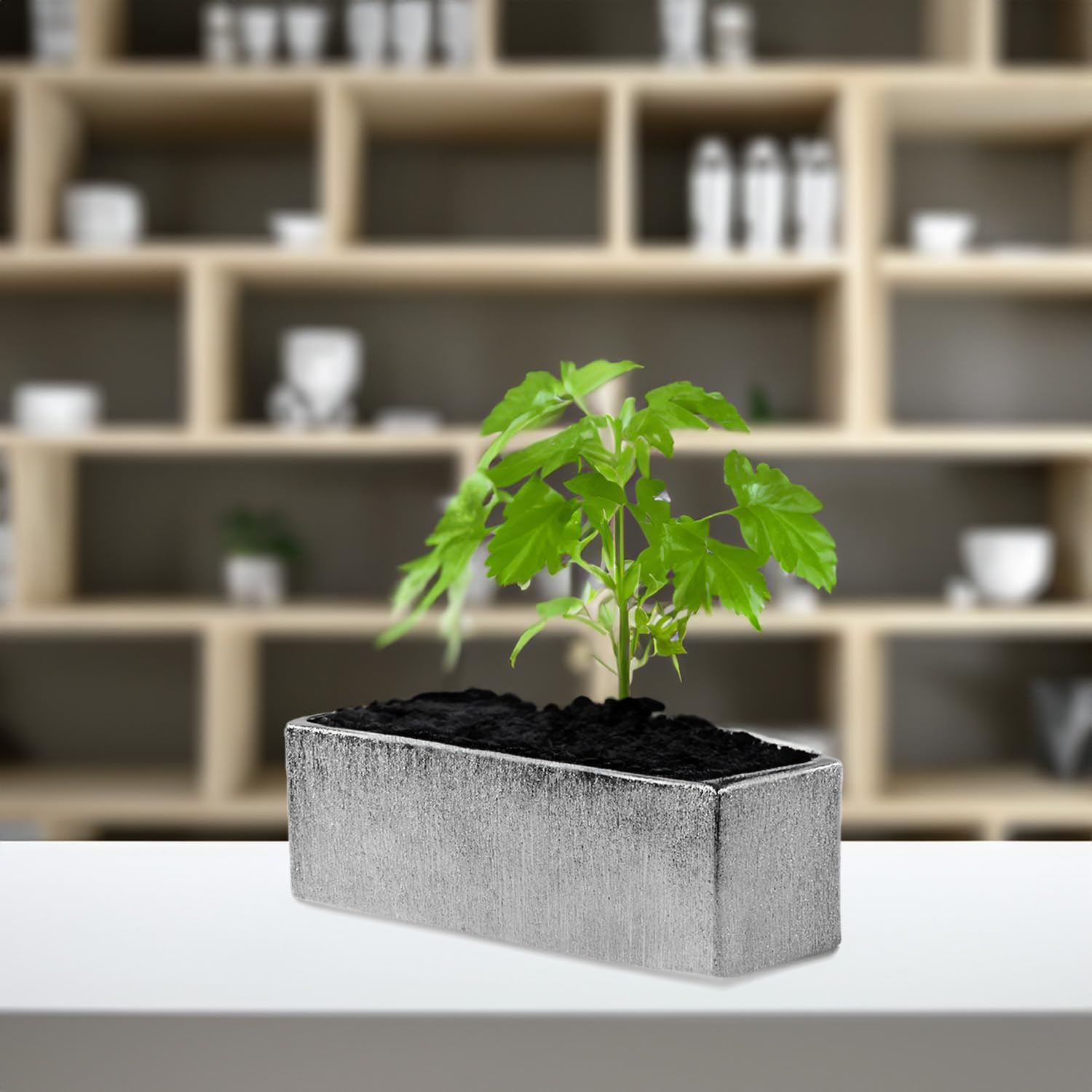 WGVI Long Rectangle Ceramic Planter Vase in White 14" x 4" x 4"H, Rectangular Box Block Terrarium Pot, Flower Arrangement, Tabletop Centerpiece