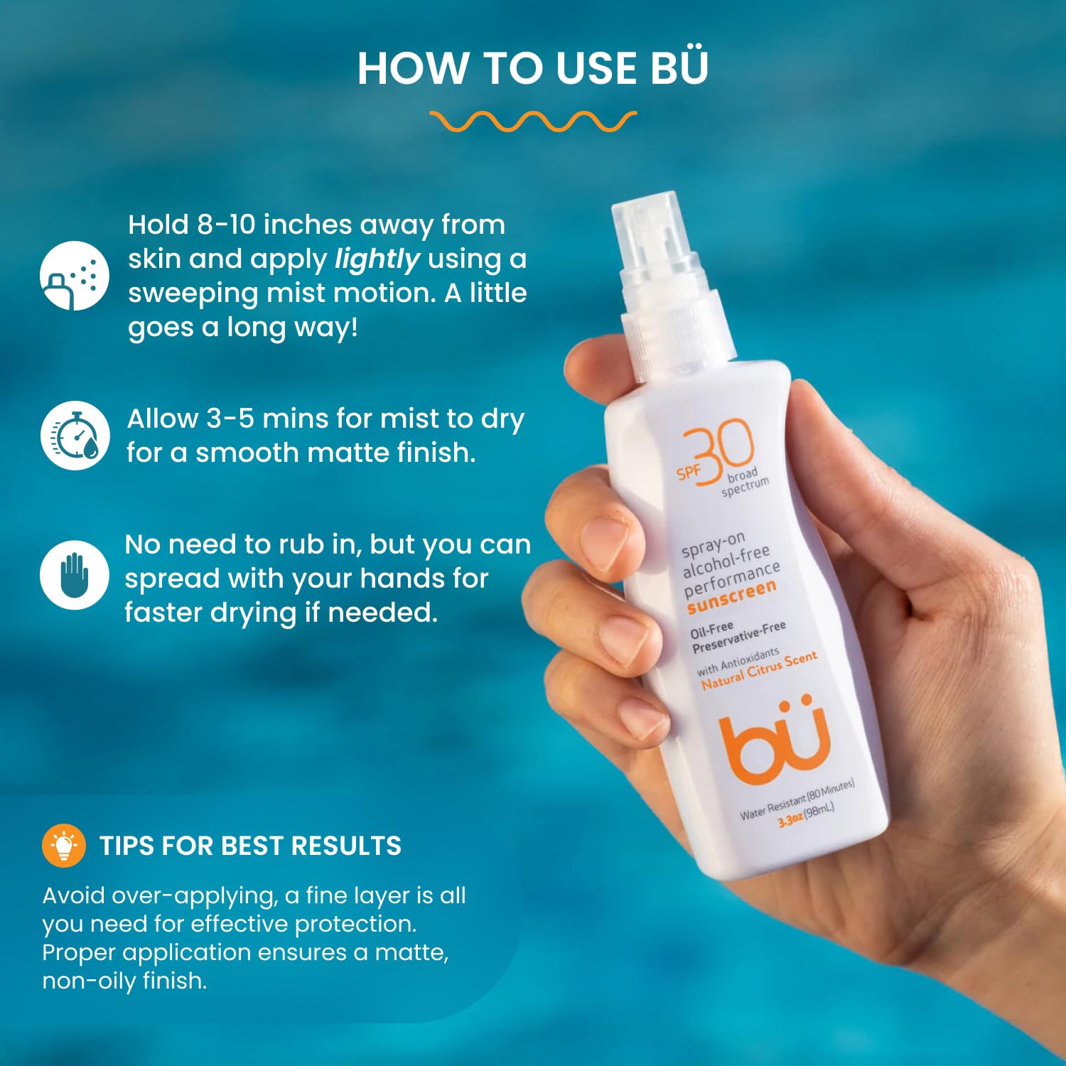 BU SPF 30 Sunscreen Spray for Face and Body, Non Aerosol Spray, Ultrafine WOWmist, TSA Travel Size Sunscreen, Clear, Non Greasy, Water Resistant, White Sage 3.3 oz