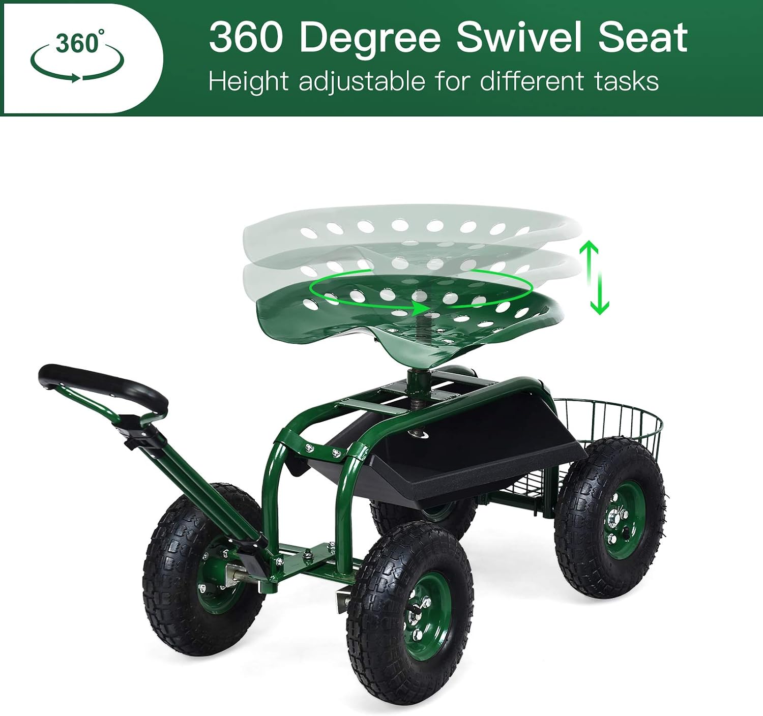 Giantex Rolling Garden Cart with Seat, 4-Wheel Gardening Workseat with Storage Basket, Swivel Stool Adjustable Seat, Steering Handle