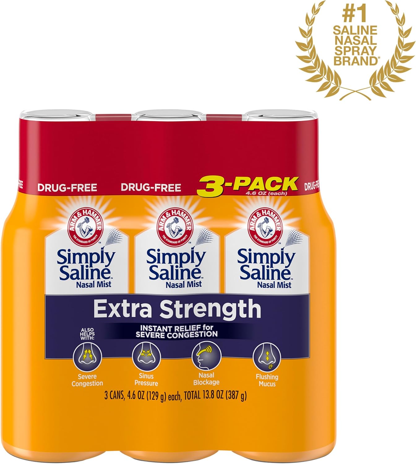ARM & HAMMER Simply Saline Extra Strength Nasal Mist, 4.6 oz, 3-Pack | Severe Congestion Relief