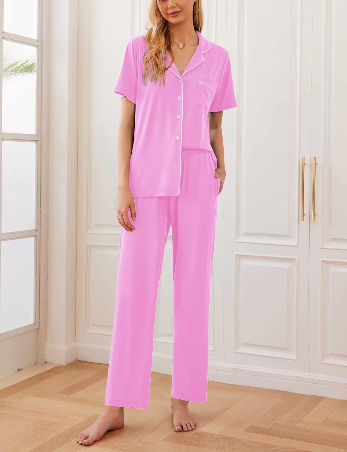 Ekouaer Womens Pajamas Set Short Sleeve Button Down Top & Pants Lounge Pjs