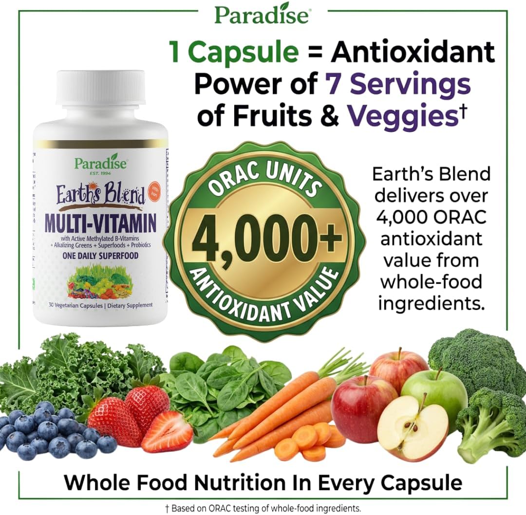 Paradise Herbs & Essentials Once Daily Multivitamin Iron 60 Capsules | Organic superfoods, probiotics, and vitamins A, B12, C, D, K2 in a dietary supplement for immune and bone support.