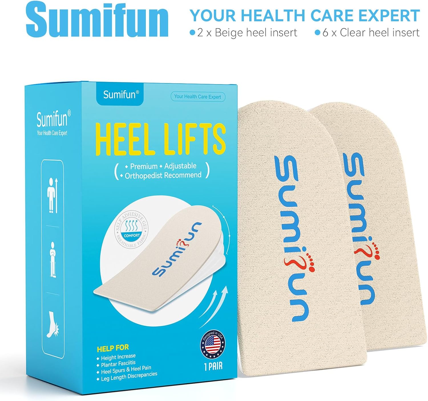 Sumifun Heel Lift, 4-Layer 1 Inch Gel Shoe Lifts for Women Uneven Legs, Adjustable Orthopedic Heel Lifts for Heel Pain and Leg Length Discrepancy