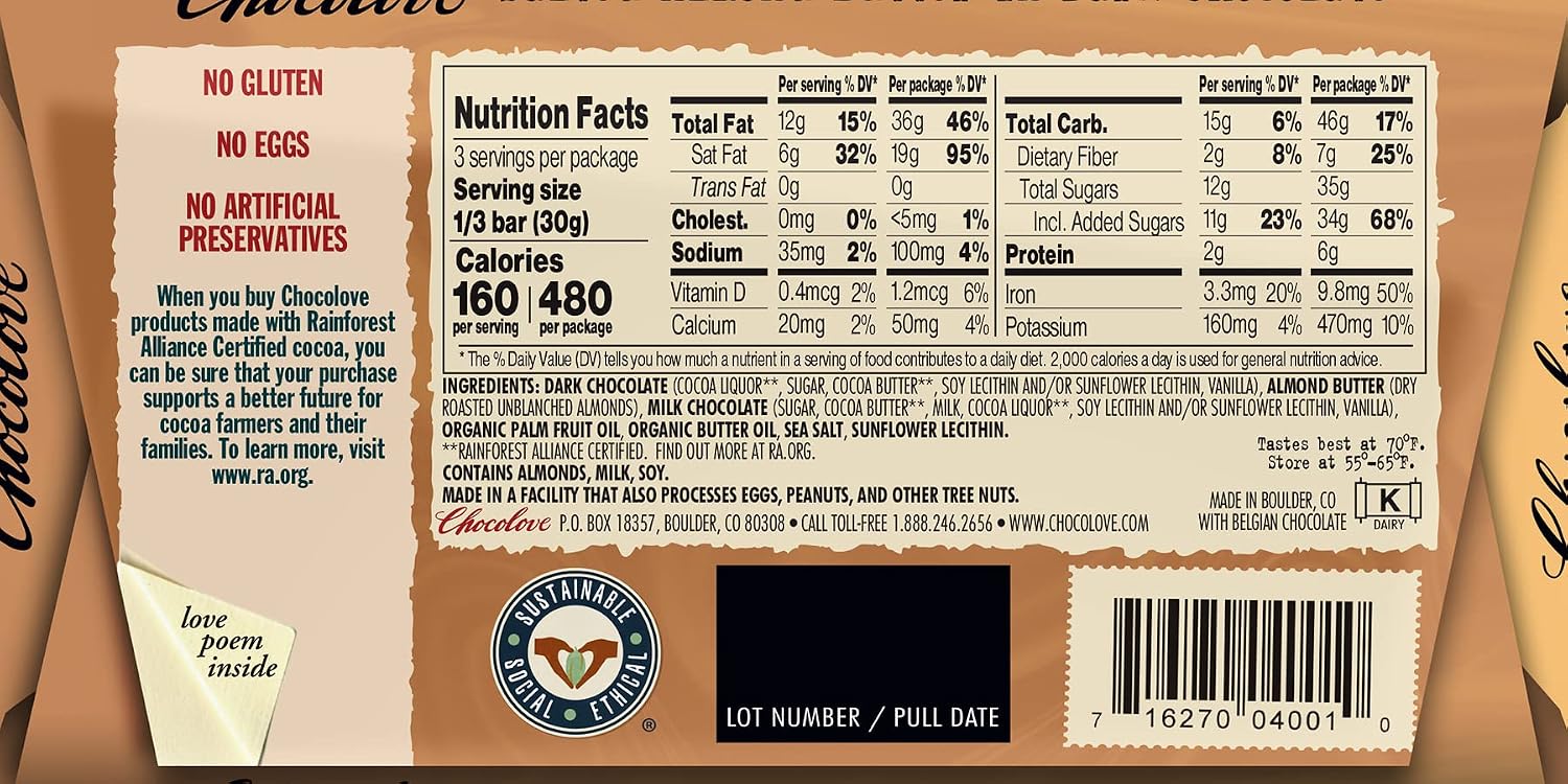 Chocolove, Chocolate Bar Dark Almond butter, 3.2 oz